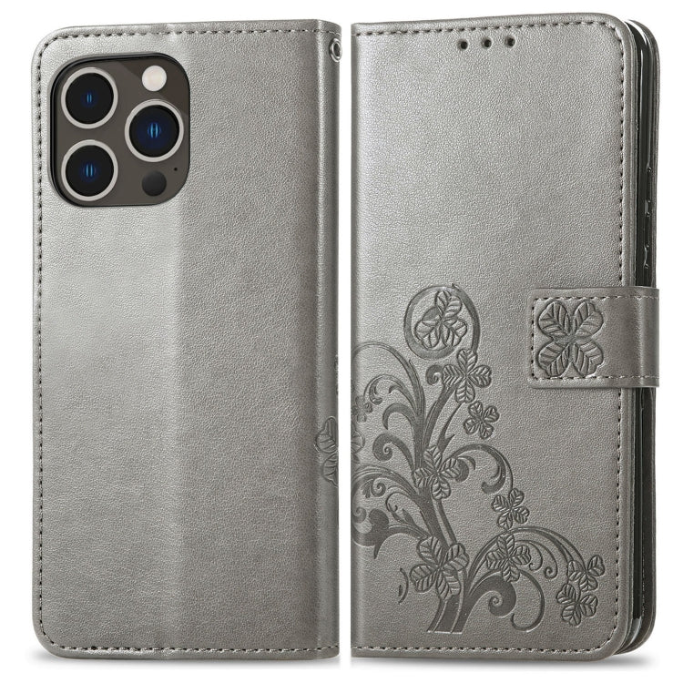 For iPhone 15 Pro Four-leaf Clasp Embossed Buckle Leather Phone Case(Gray) - HoMEdemic™ 