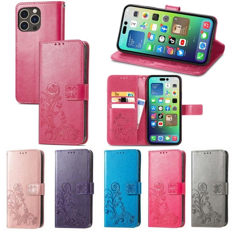 For iPhone 15 Pro Four-leaf Clasp Embossed Buckle Leather Phone Case(Gray) - HoMEdemic™ 