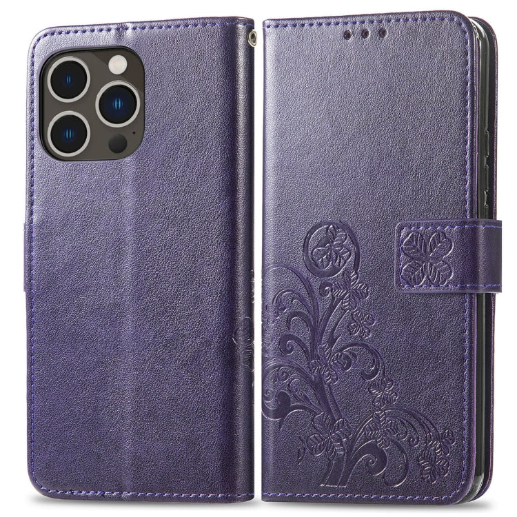 For iPhone 15 Pro Four-leaf Clasp Embossed Buckle Leather Phone Case(Purple) - HoMEdemic™ 