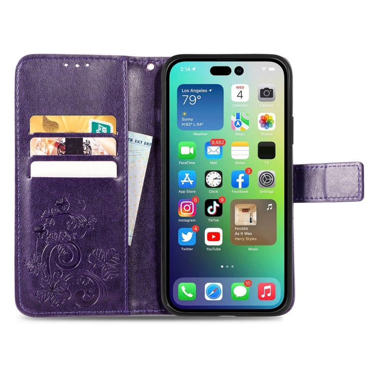 For iPhone 15 Pro Four-leaf Clasp Embossed Buckle Leather Phone Case(Purple) - HoMEdemic™ 