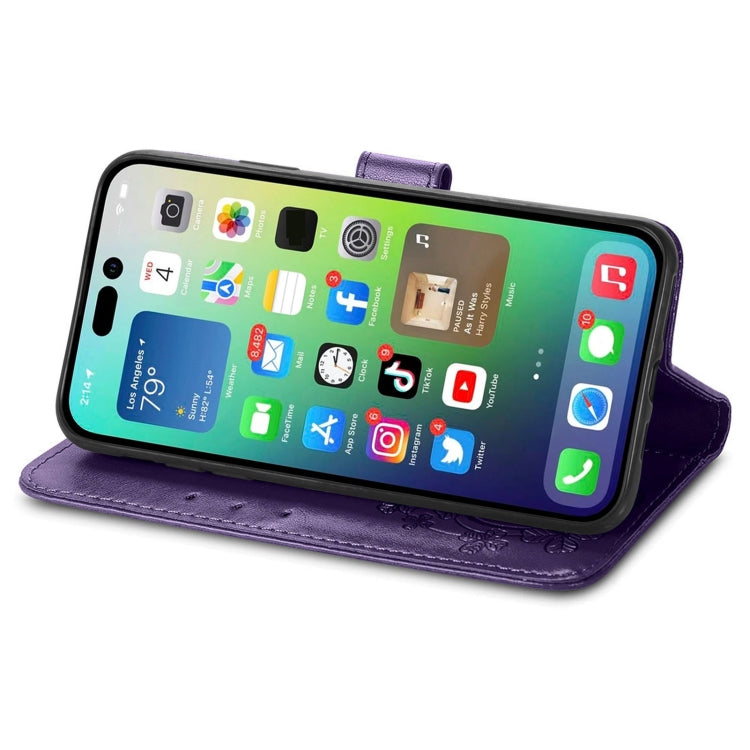 For iPhone 15 Pro Four-leaf Clasp Embossed Buckle Leather Phone Case(Purple) - HoMEdemic™ 