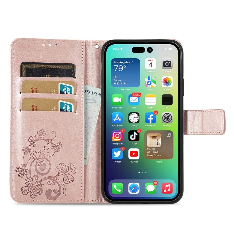 For iPhone 15 Pro Four-leaf Clasp Embossed Buckle Leather Phone Case(Rose Gold) - HoMEdemic™ 