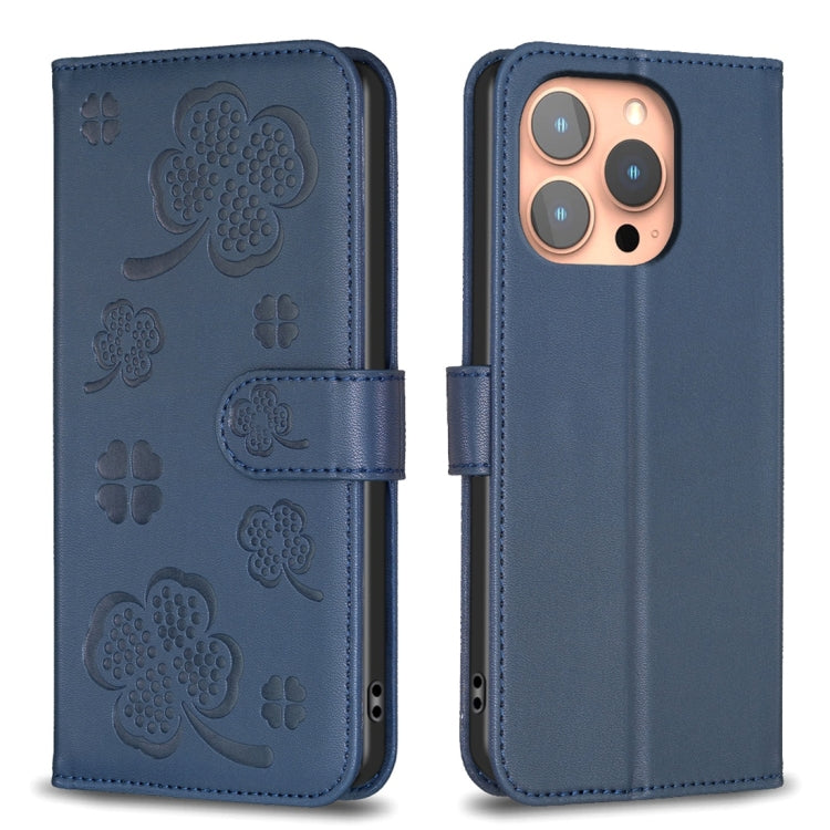 For iPhone 15 Pro Four-leaf Embossed Leather Phone Case(Blue) - HoMEdemic™ 