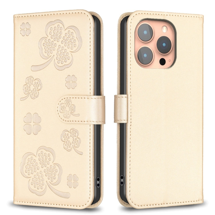 For iPhone 15 Pro Four-leaf Embossed Leather Phone Case(Gold) - HoMEdemic™ 