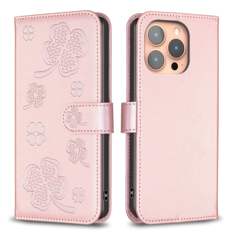For iPhone 15 Pro Four-leaf Embossed Leather Phone Case(Pink) - HoMEdemic™ 