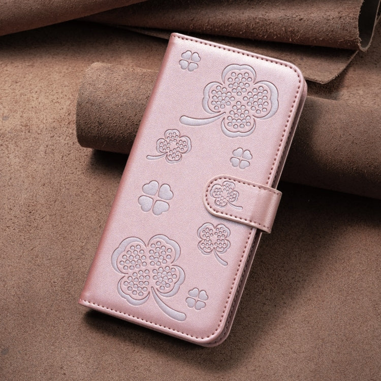 For iPhone 15 Pro Four-leaf Embossed Leather Phone Case(Pink) - HoMEdemic™ 