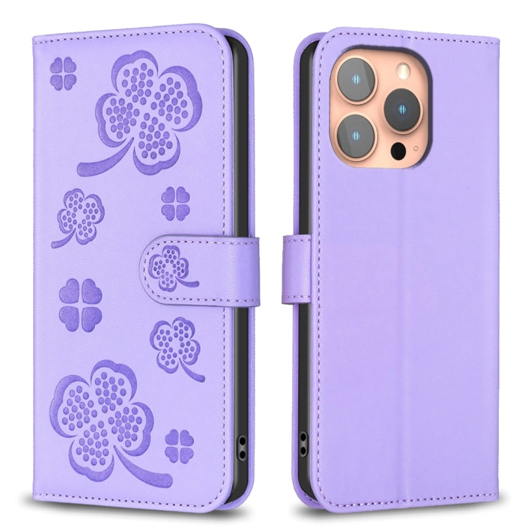 For iPhone 15 Pro Four-leaf Embossed Leather Phone Case(Purple) - HoMEdemic™ 