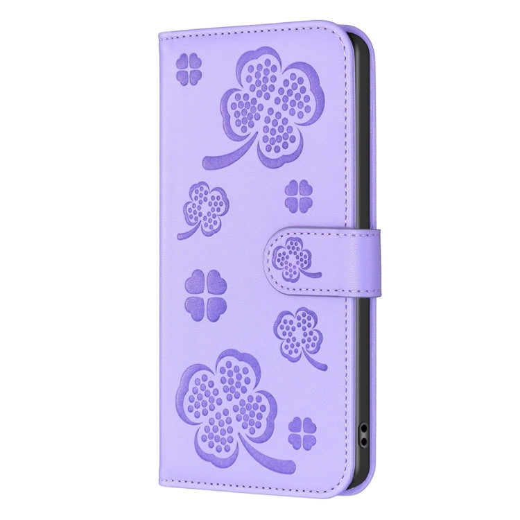For iPhone 15 Pro Four-leaf Embossed Leather Phone Case(Purple) - HoMEdemic™ 