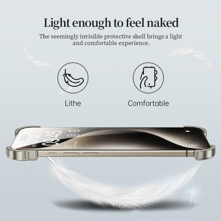 For iPhone 15 Pro Frameless Metal Corner Pad Phone Case with Lens Film(Grey) - HoMEdemic™ 