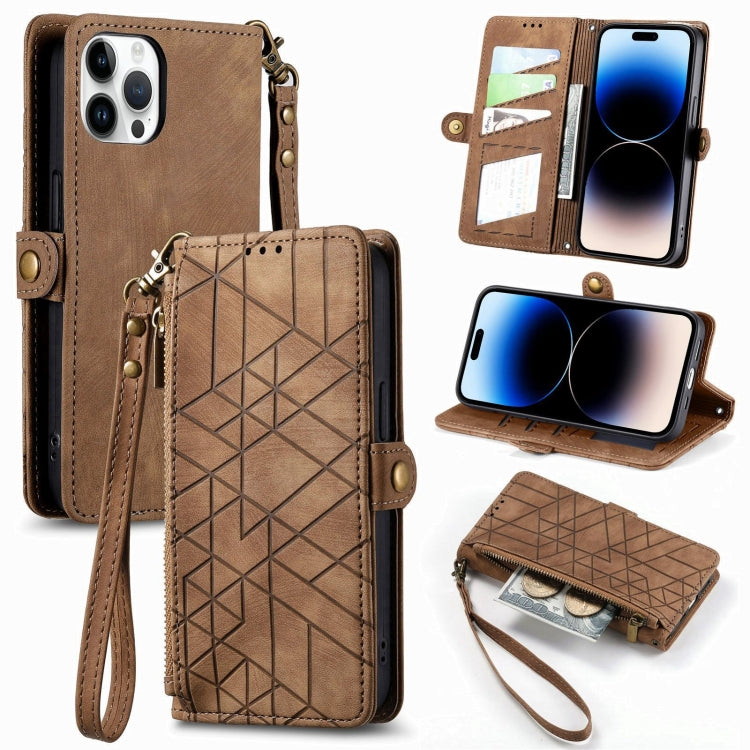 For iPhone 15 Pro Geometric Zipper Wallet Side Buckle Leather Phone Case(Brown) - HoMEdemic™ 