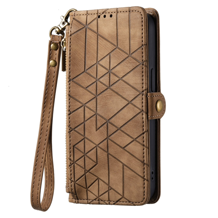 For iPhone 15 Pro Geometric Zipper Wallet Side Buckle Leather Phone Case(Brown) - HoMEdemic™ 