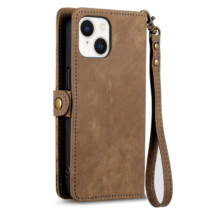 For iPhone 15 Pro Geometric Zipper Wallet Side Buckle Leather Phone Case(Brown) - HoMEdemic™ 