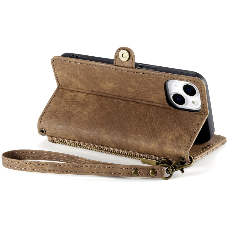 For iPhone 15 Pro Geometric Zipper Wallet Side Buckle Leather Phone Case(Brown) - HoMEdemic™ 