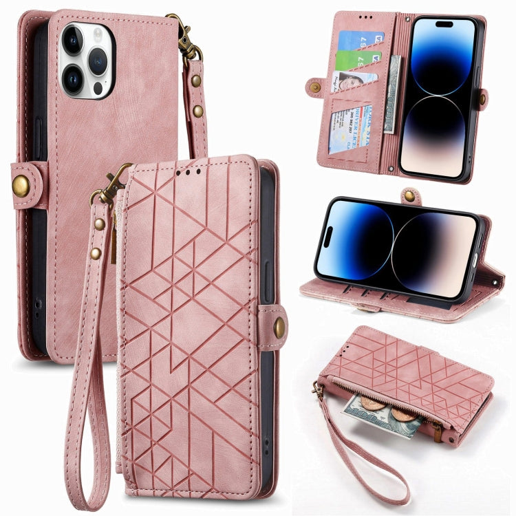 For iPhone 15 Pro Geometric Zipper Wallet Side Buckle Leather Phone Case(Pink) - HoMEdemic™ 