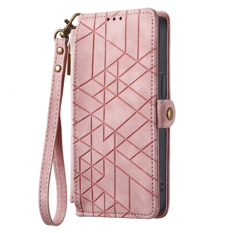 For iPhone 15 Pro Geometric Zipper Wallet Side Buckle Leather Phone Case(Pink) - HoMEdemic™ 