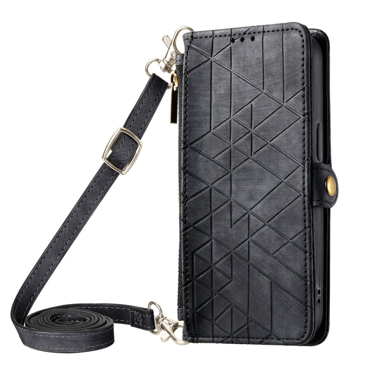 For iPhone 15 Pro Geometric Zipper Wallet Side Buckle Leather Phone Case with Crossbody Lanyard(Black) - HoMEdemic™ 