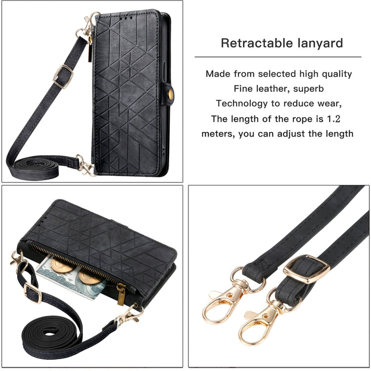 For iPhone 15 Pro Geometric Zipper Wallet Side Buckle Leather Phone Case with Crossbody Lanyard(Black) - HoMEdemic™ 