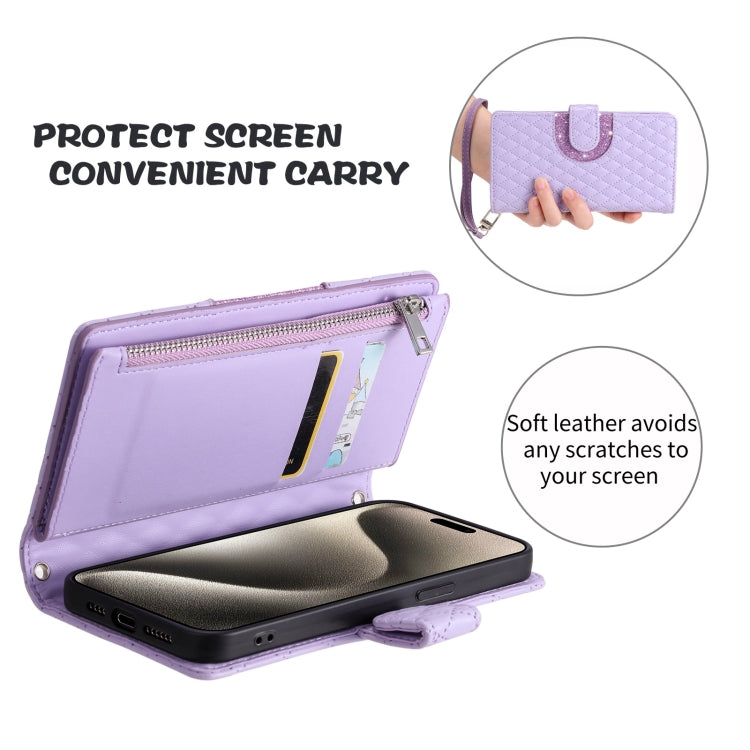 For iPhone 15 Pro Glitter Lattice Zipper Wallet Leather Phone Case(Purple) - HoMEdemic™ 