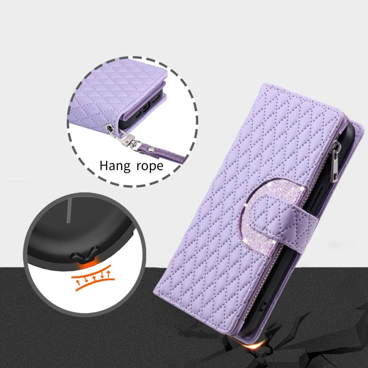 For iPhone 15 Pro Glitter Lattice Zipper Wallet Leather Phone Case(Purple) - HoMEdemic™ 