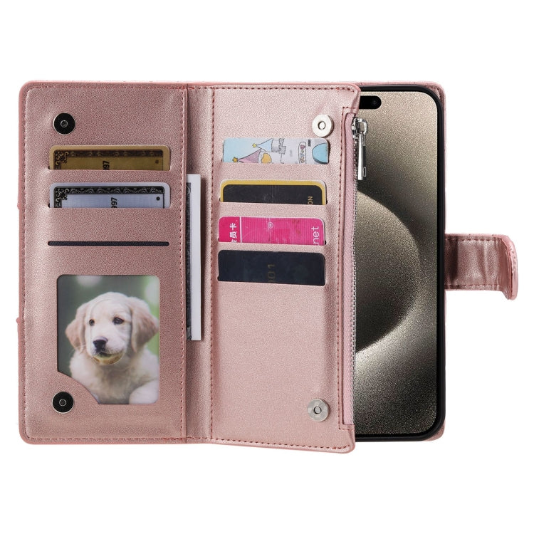 For iPhone 15 Pro Glitter Lattice Zipper Wallet Leather Phone Case(Rose Gold) - HoMEdemic™ 