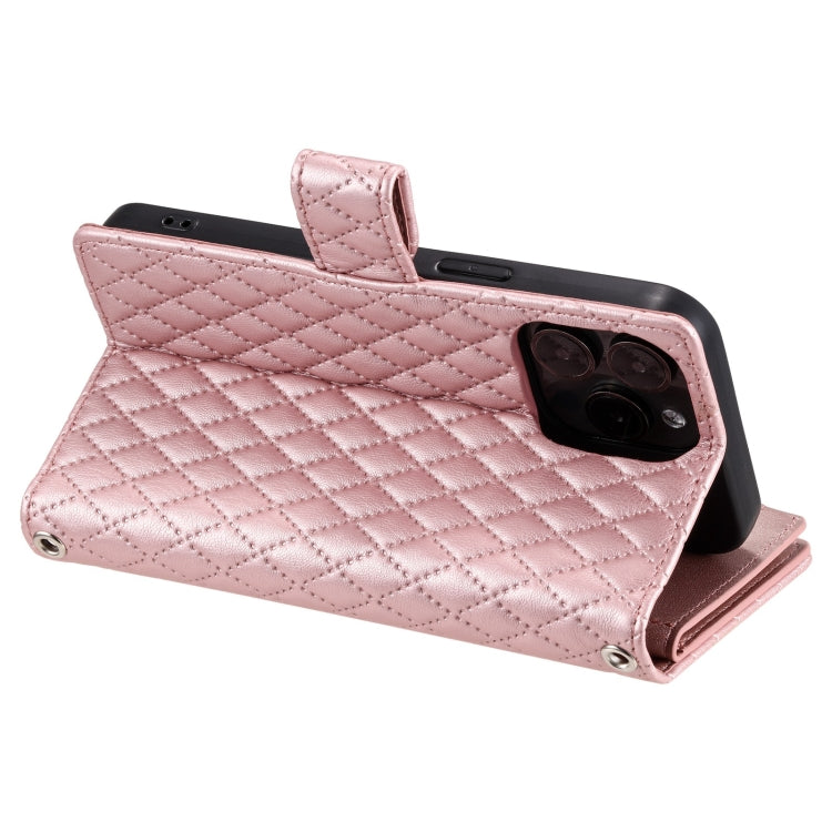 For iPhone 15 Pro Glitter Lattice Zipper Wallet Leather Phone Case(Rose Gold) - HoMEdemic™ 