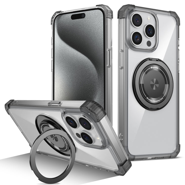 For iPhone 15 Pro Gold Shield CD Pattern MagSafe Magnetic Phone Case with Rotating Stand(Transparent Black) - HoMEdemic™ 