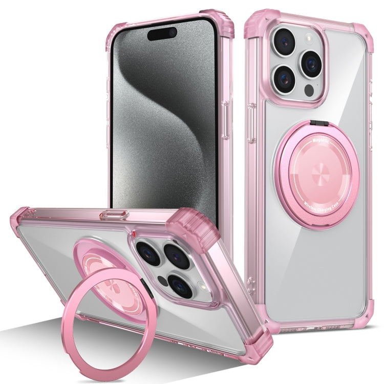 For iPhone 15 Pro Gold Shield CD Pattern MagSafe Magnetic Phone Case with Rotating Stand(Transparent Pink) - HoMEdemic™ 