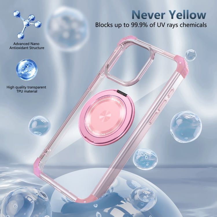 For iPhone 15 Pro Gold Shield CD Pattern MagSafe Magnetic Phone Case with Rotating Stand(Transparent Pink) - HoMEdemic™ 