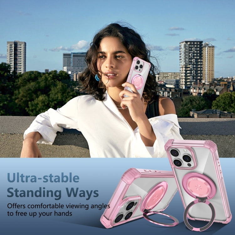 For iPhone 15 Pro Gold Shield CD Pattern MagSafe Magnetic Phone Case with Rotating Stand(Transparent Pink) - HoMEdemic™ 