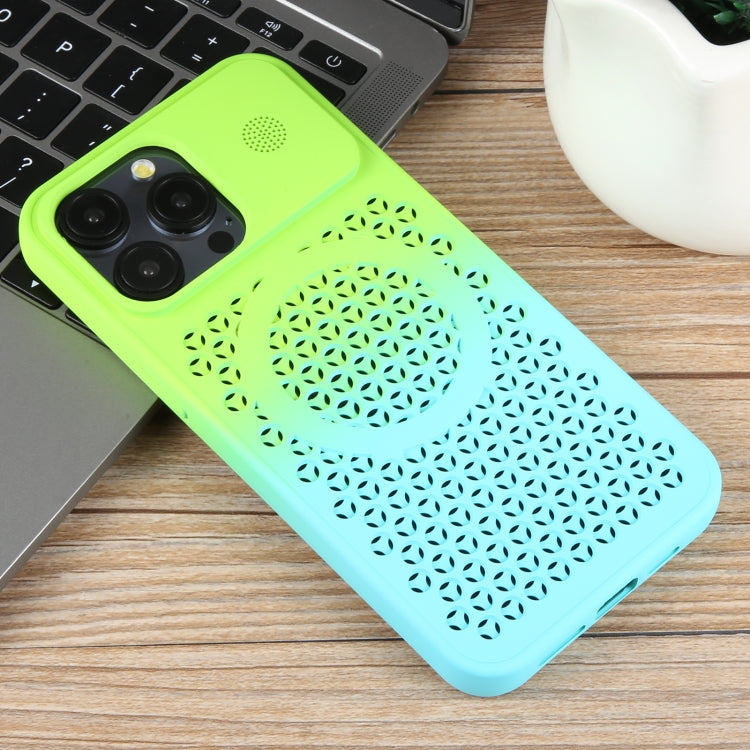 For iPhone 15 Pro Gradient Color Honeycomb Aromatherapy MagSafe Phone Case(Green Blue) - HoMEdemic™ 