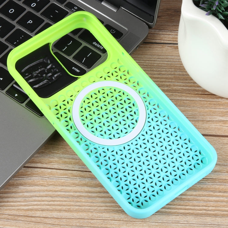 For iPhone 15 Pro Gradient Color Honeycomb Aromatherapy MagSafe Phone Case(Green Blue) - HoMEdemic™ 