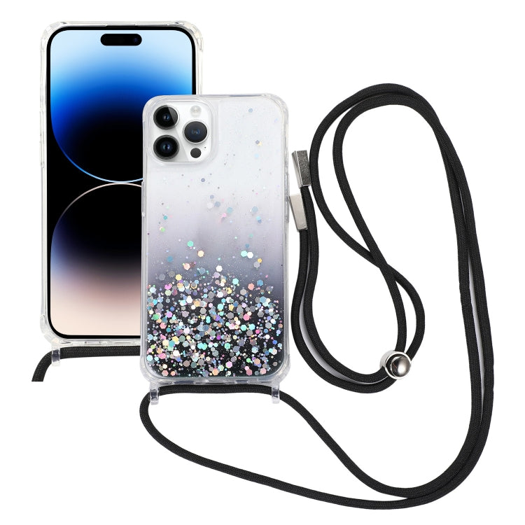 For iPhone 15 Pro Gradient Glitter Epoxy TPU Thickened Acrylic Phone Case with Round Neck Lanyard(Black) - HoMEdemic™ 