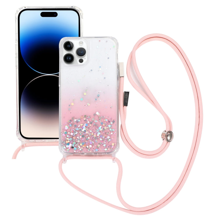 For iPhone 15 Pro Gradient Glitter Epoxy TPU Thickened Acrylic Phone Case with Round Neck Lanyard(Pink) - HoMEdemic™ 