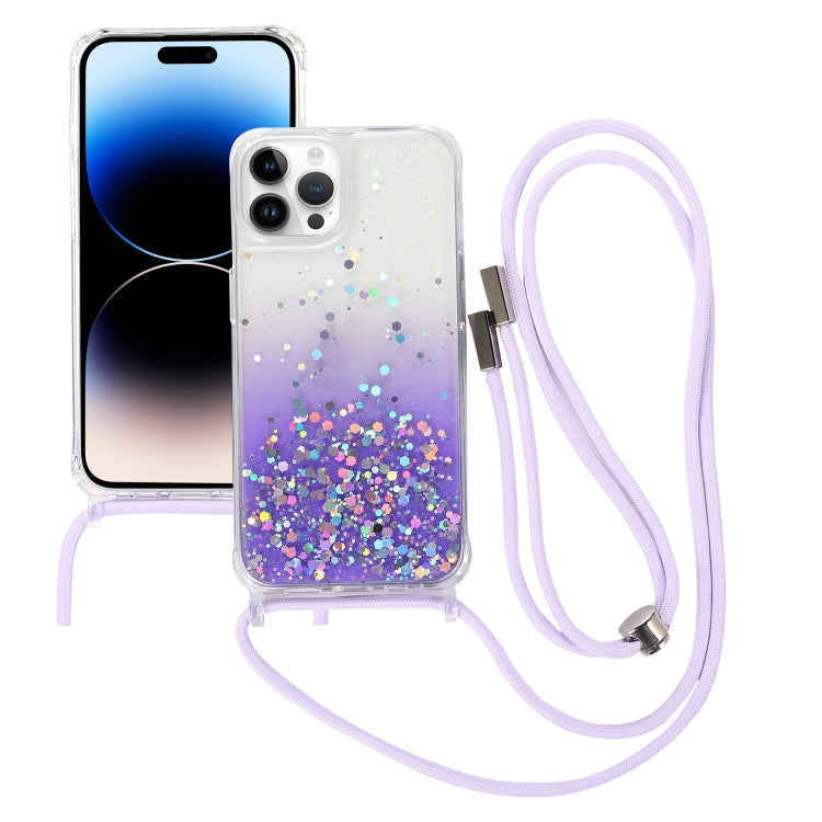 For iPhone 15 Pro Gradient Glitter Epoxy TPU Thickened Acrylic Phone Case with Round Neck Lanyard(Purple) - HoMEdemic™ 