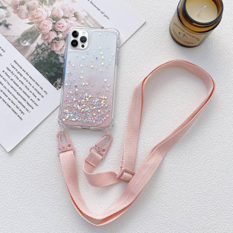 For iPhone 15 Pro Gradient Glitter Epoxy TPU Thickened Acrylic Phone Case with Wide Lanyard(Pink) - HoMEdemic™ 