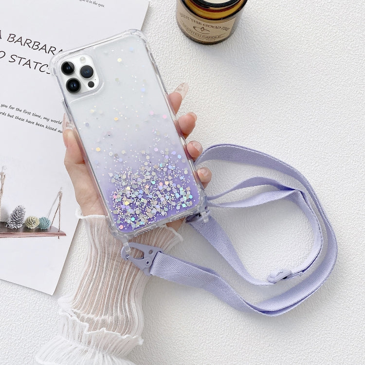 For iPhone 15 Pro Gradient Glitter Epoxy TPU Thickened Acrylic Phone Case with Wide Lanyard(Purple) - HoMEdemic™ 