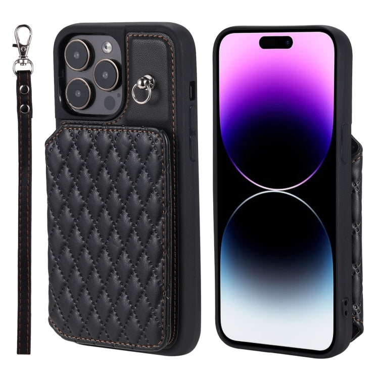 For iPhone 15 Pro Grid Texture Card Bag Phone Case with Lanyard(Black) - HoMEdemic™ 