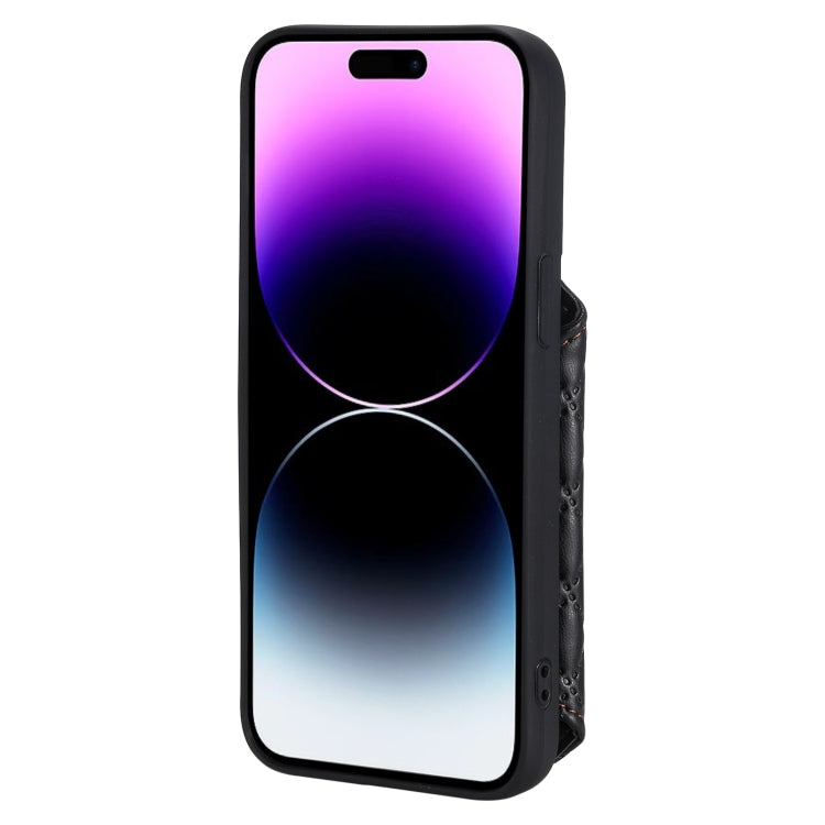 For iPhone 15 Pro Grid Texture Card Bag Phone Case with Lanyard(Black) - HoMEdemic™ 