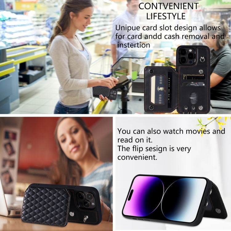 For iPhone 15 Pro Grid Texture Card Bag Phone Case with Lanyard(Black) - HoMEdemic™ 