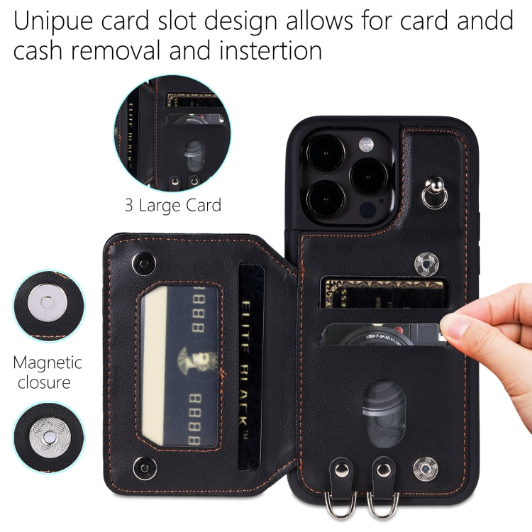 For iPhone 15 Pro Grid Texture Card Bag Phone Case with Lanyard(Black) - HoMEdemic™ 