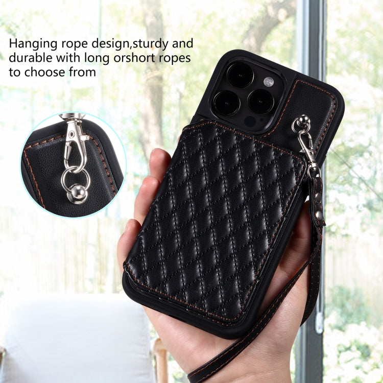 For iPhone 15 Pro Grid Texture Card Bag Phone Case with Lanyard(Black) - HoMEdemic™ 
