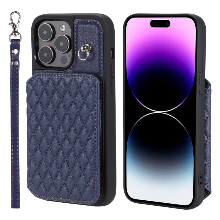 For iPhone 15 Pro Grid Texture Card Bag Phone Case with Lanyard(Blue) - HoMEdemic™ 