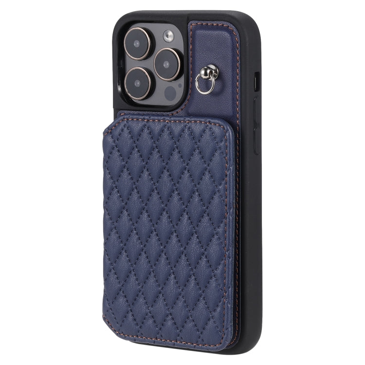 For iPhone 15 Pro Grid Texture Card Bag Phone Case with Lanyard(Blue) - HoMEdemic™ 