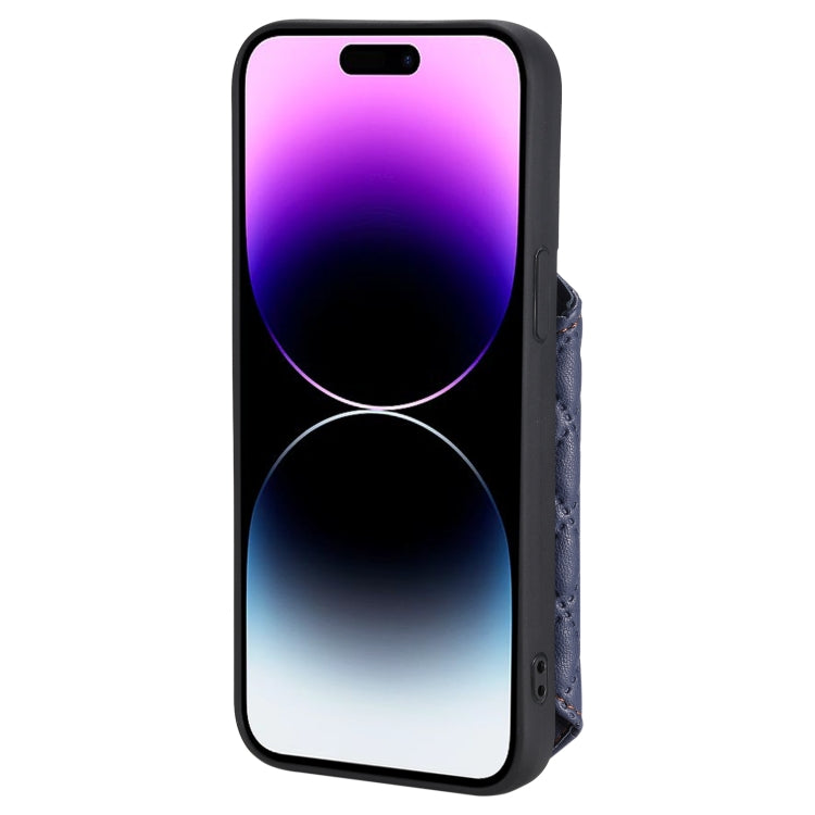 For iPhone 15 Pro Grid Texture Card Bag Phone Case with Lanyard(Blue) - HoMEdemic™ 