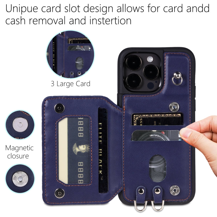 For iPhone 15 Pro Grid Texture Card Bag Phone Case with Lanyard(Blue) - HoMEdemic™ 