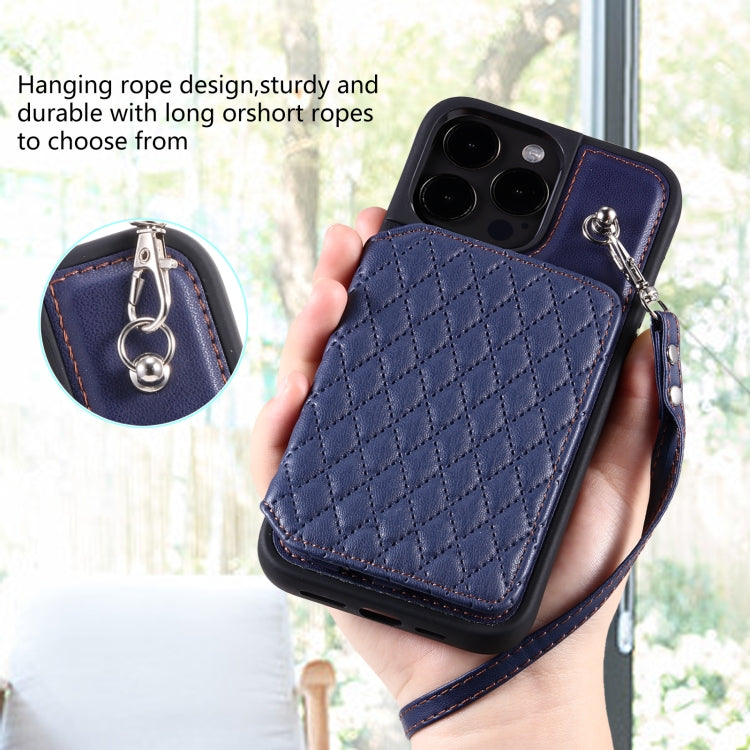 For iPhone 15 Pro Grid Texture Card Bag Phone Case with Lanyard(Blue) - HoMEdemic™ 