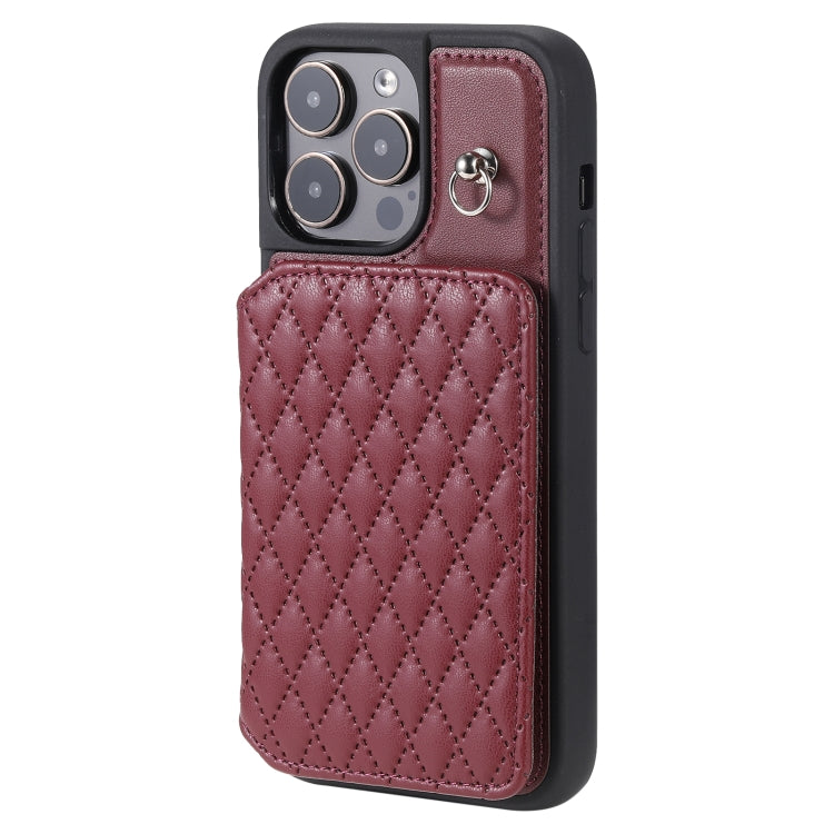 For iPhone 15 Pro Grid Texture Card Bag Phone Case with Lanyard(Red) - HoMEdemic™ 