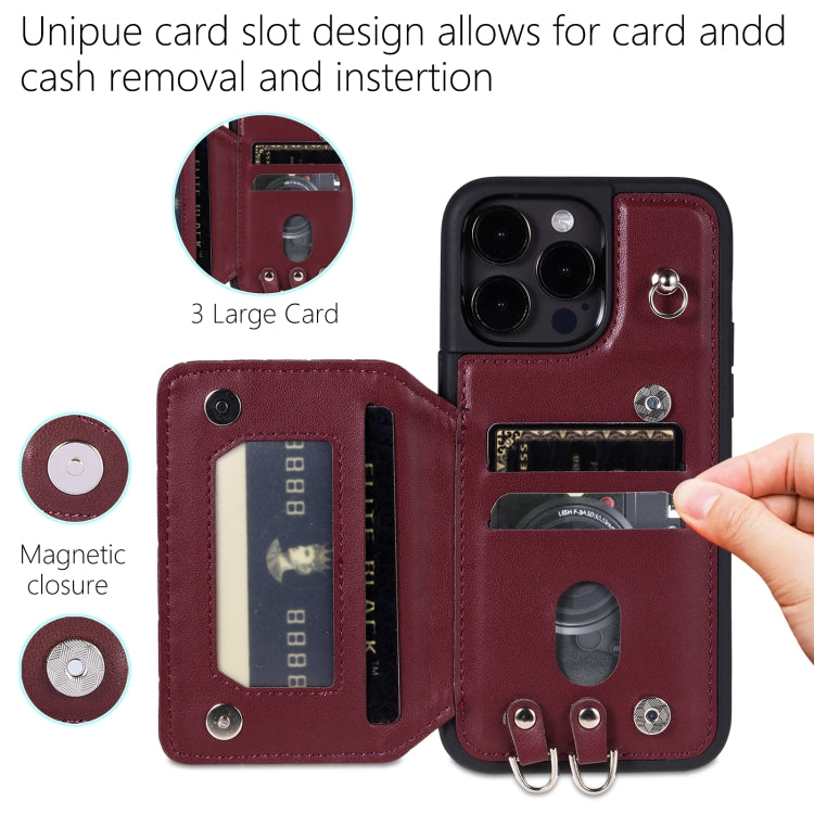 For iPhone 15 Pro Grid Texture Card Bag Phone Case with Lanyard(Red) - HoMEdemic™ 