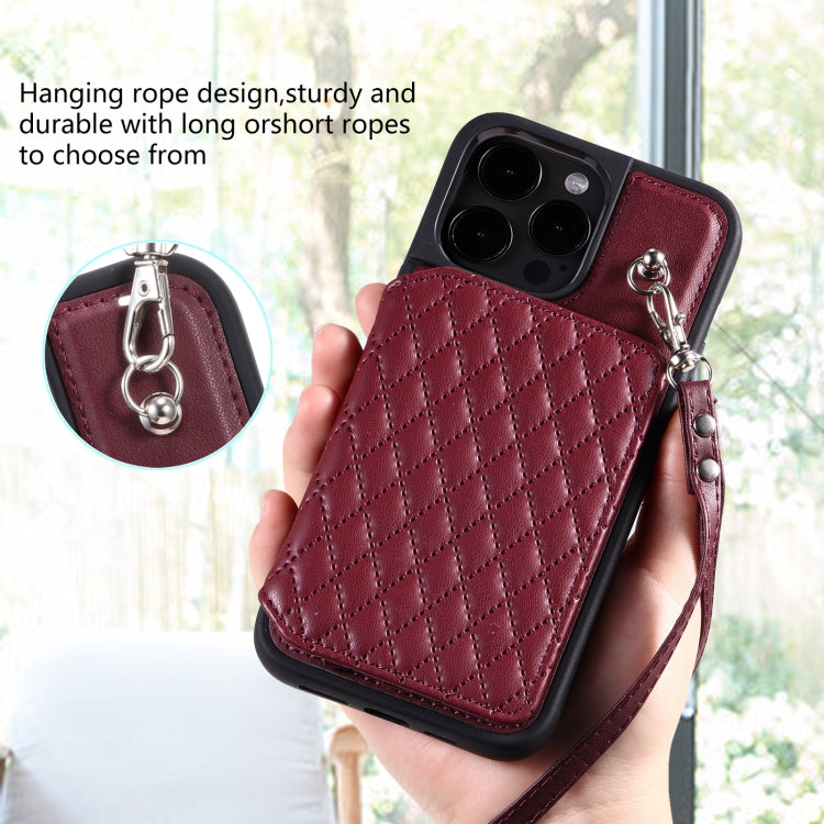 For iPhone 15 Pro Grid Texture Card Bag Phone Case with Lanyard(Red) - HoMEdemic™ 