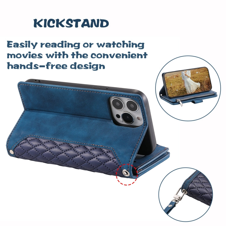 For iPhone 15 Pro Grid Texture Zipper Leather Phone Case with Lanyard(Blue) - HoMEdemic™ 